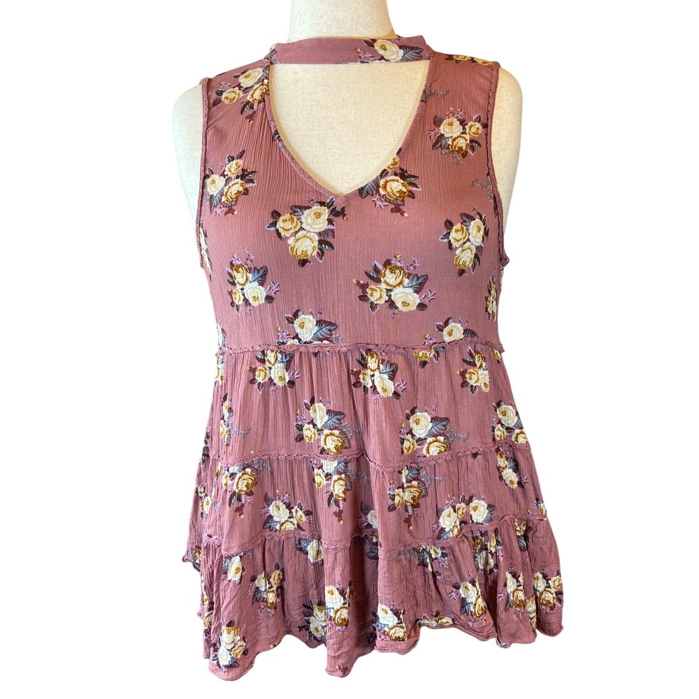 American Eagle Floral Choker Neck Babydoll Top XL Mauve‎ Tiered Ruffle Blouse